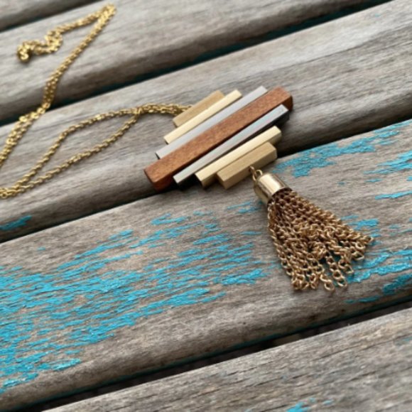 Stacked Wood, Black, and Gold Necklace- NEW Handmade Necklace - Picture 4 of 4